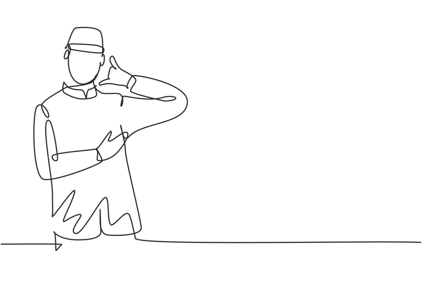Continuous one line drawing hotel doorman with call me gesture and neat uniform. Serve guests friendly and warm manner. Professional job concept. Single line draw design vector graphic illustration