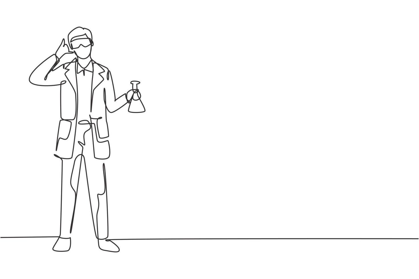 Single continuous line drawing scientist stands with call me gesture and holding measuring tube filled with chemical liquid. Success business. Dynamic one line draw graphic design vector illustration