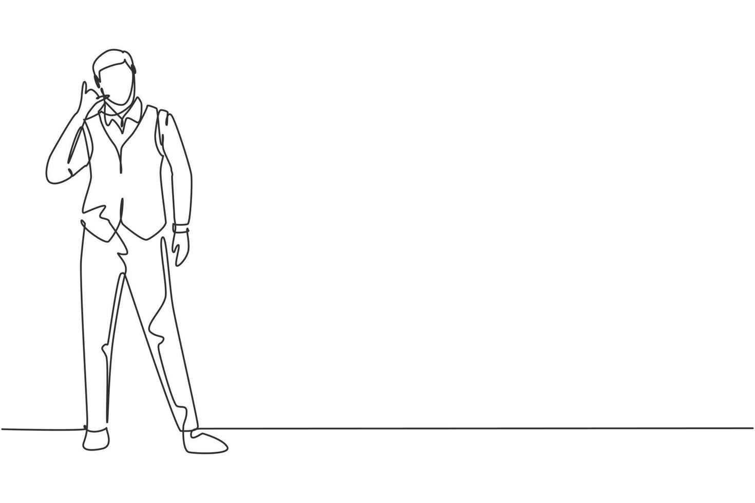 Single one line drawing steward stands in a uniform with call me gesture prepare at airport with the crew flying to their destination. Modern continuous line draw design graphic vector illustration