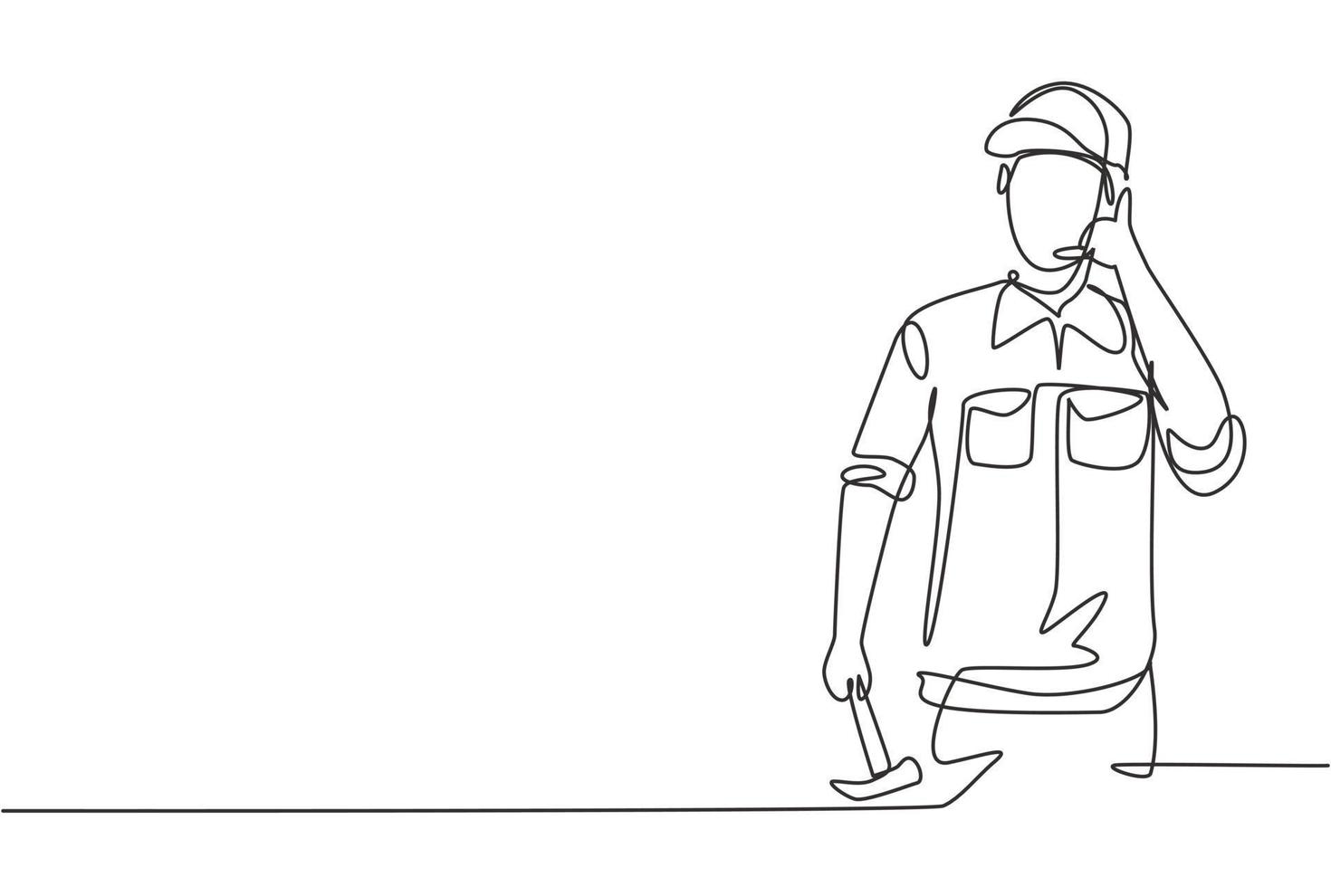 Continuous one line drawing carpenter with call me gesture works in workshop making wooden products. Skills in using carpentry tools. Success job. Single line draw design vector graphic illustration