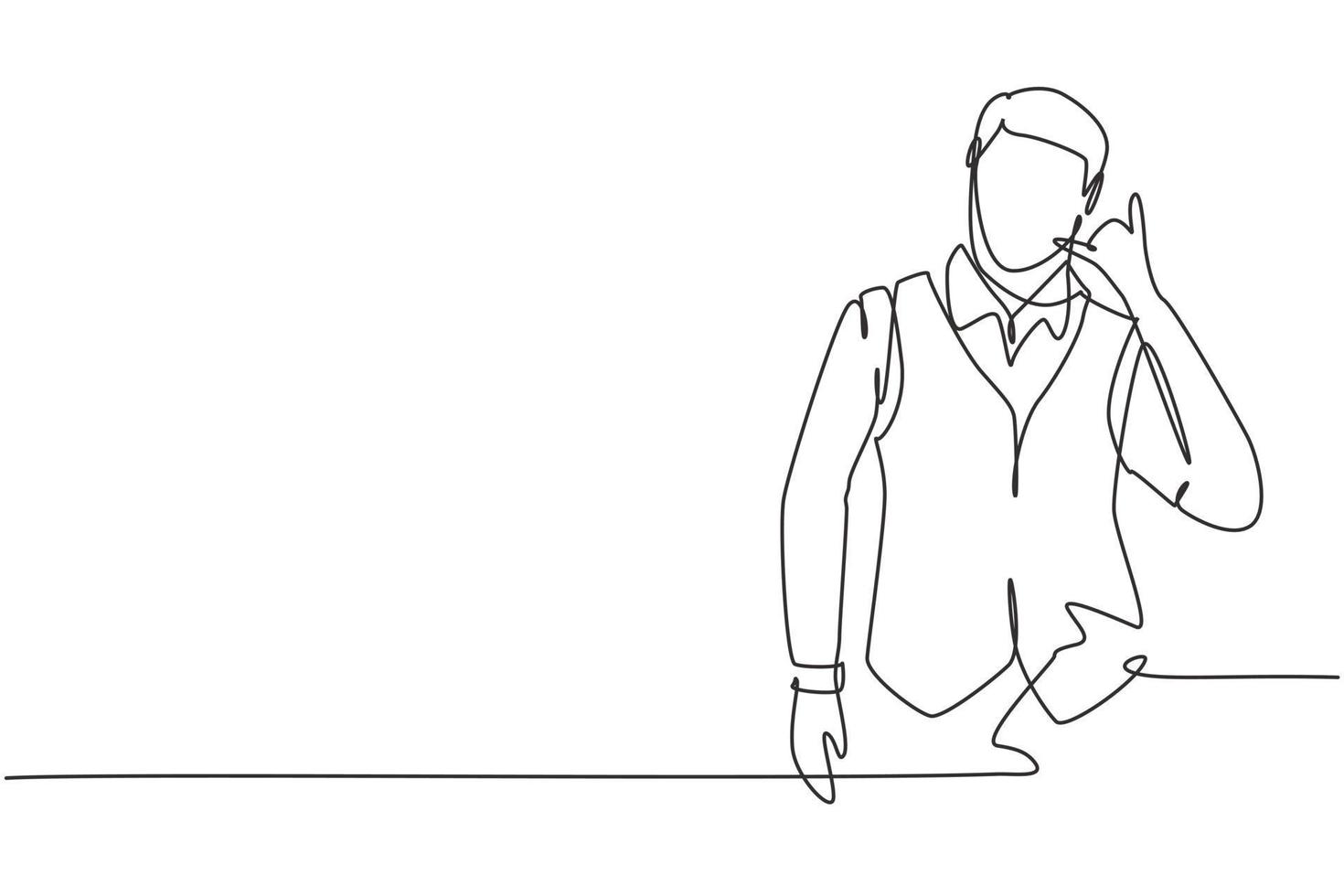 Continuous one line drawing steward with call me gesture ready to serve airplane passengers in a friendly and warm manner. Professional person. Single line draw design vector graphic illustration