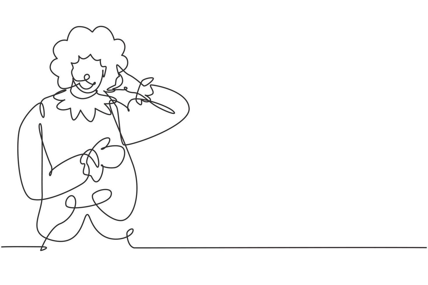 Single one line drawing clown with call me gesture, wearing wig and smiling face makeup, entertaining kids at birthday party. Good performance. Continuous line draw design graphic vector illustration