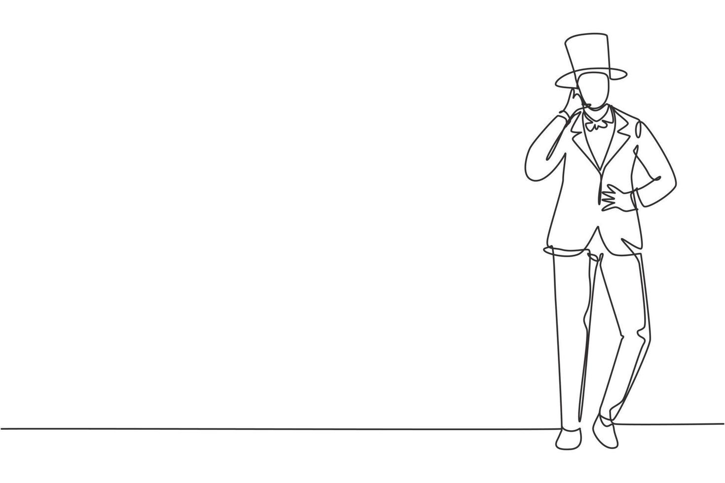 Continuous one line drawing magician stands with call me gesture wearing hat and holding magic wand performing tricks at circus show. Success show. Single line draw design vector graphic illustration