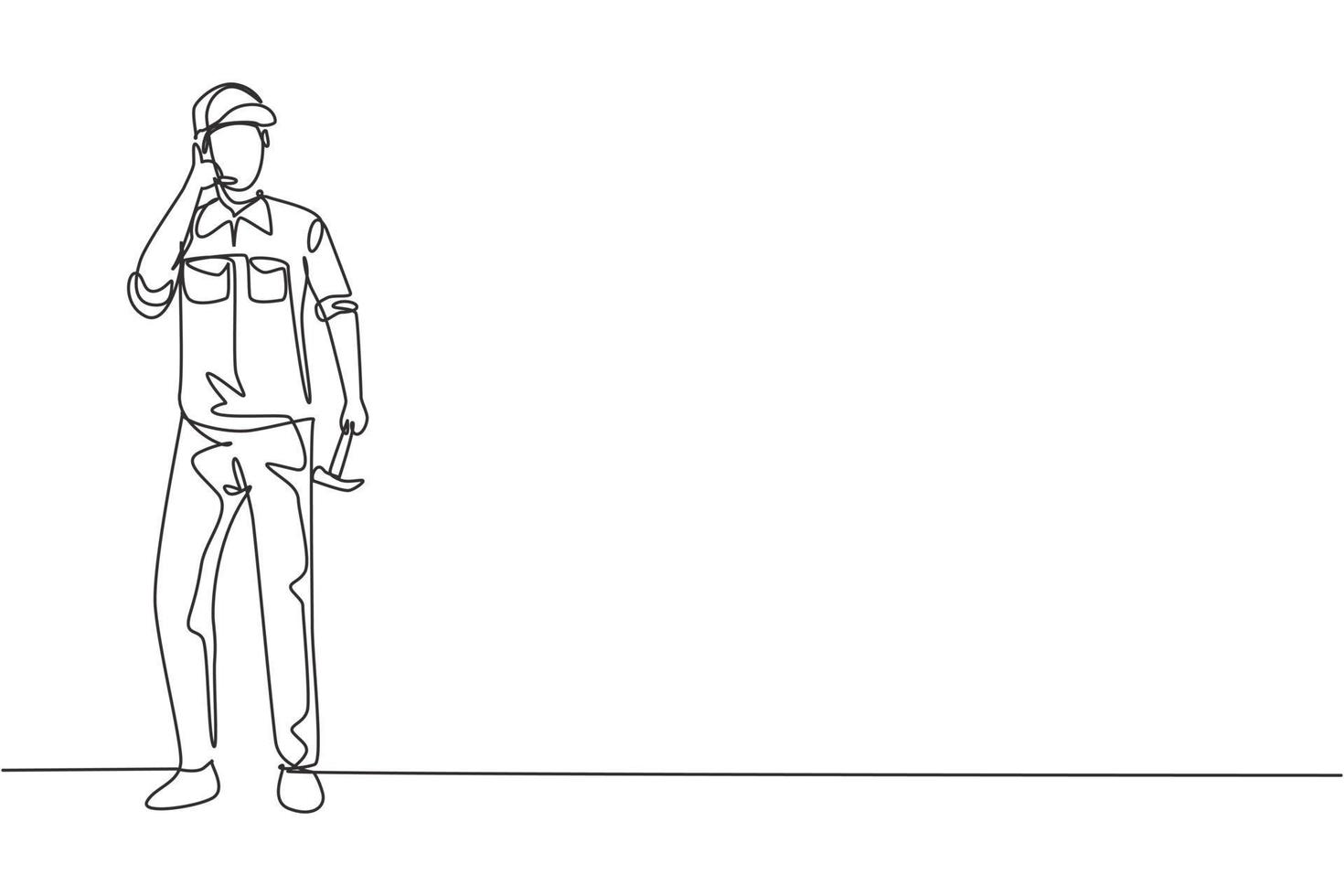 Single continuous line drawing carpenter standing with call me gesture works for wood industry and must be skilled at using carpentry tools. Dynamic one line draw graphic design vector illustration