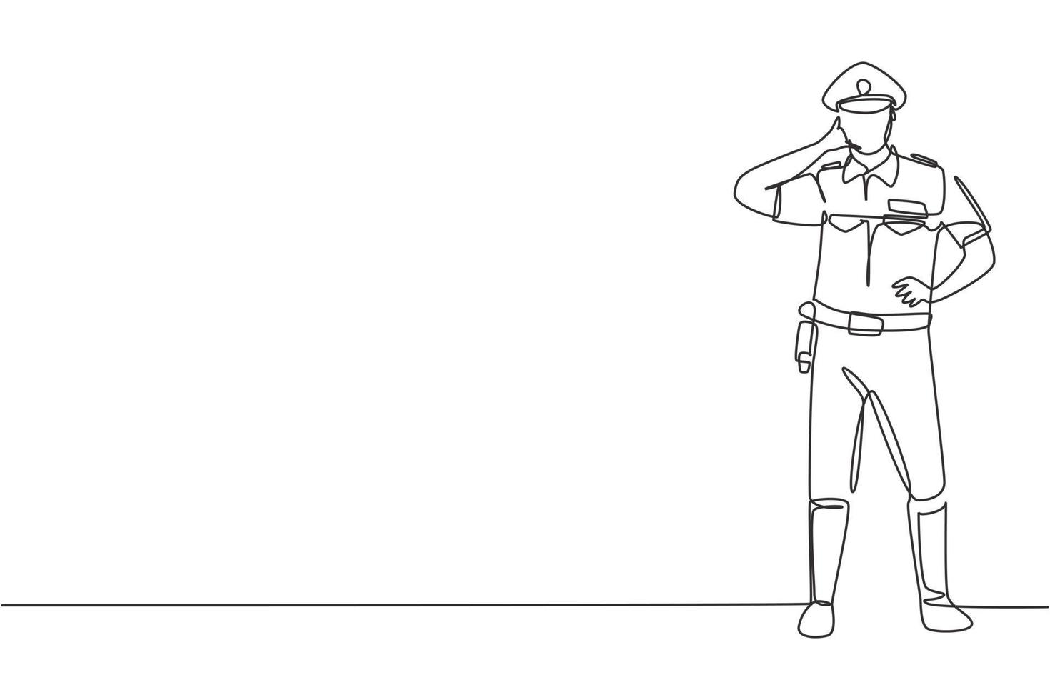 Continuous one line drawing policeman standing with call me gesture and full uniform works to control vehicle traffic on highway. Standby on patrol. Single line draw design vector graphic illustration