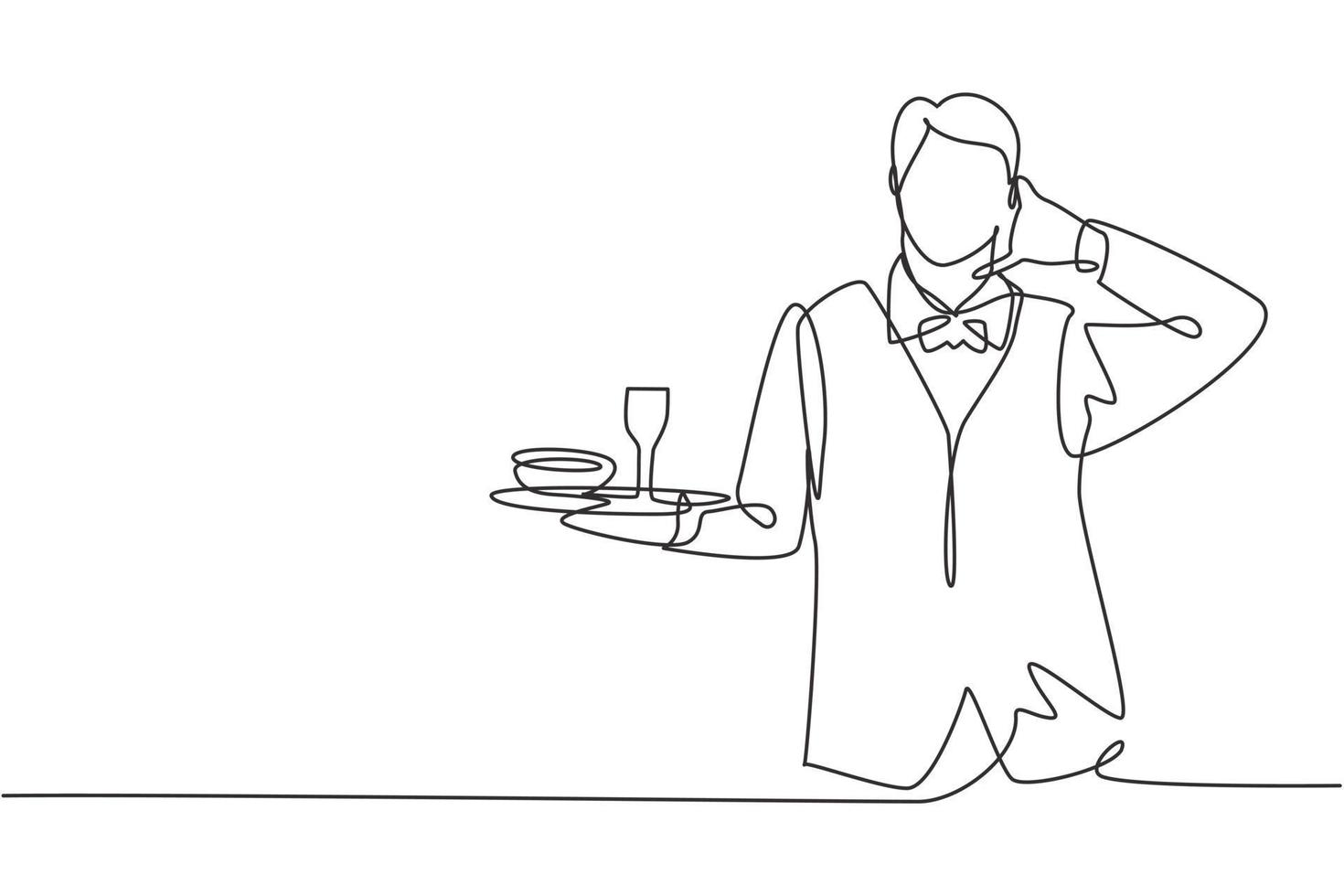 Continuous one line drawing waiter with call me gesture and brought a tray of drinking glasses serving visitors at cafeteria. Success job concept. Single line draw design vector graphic illustration