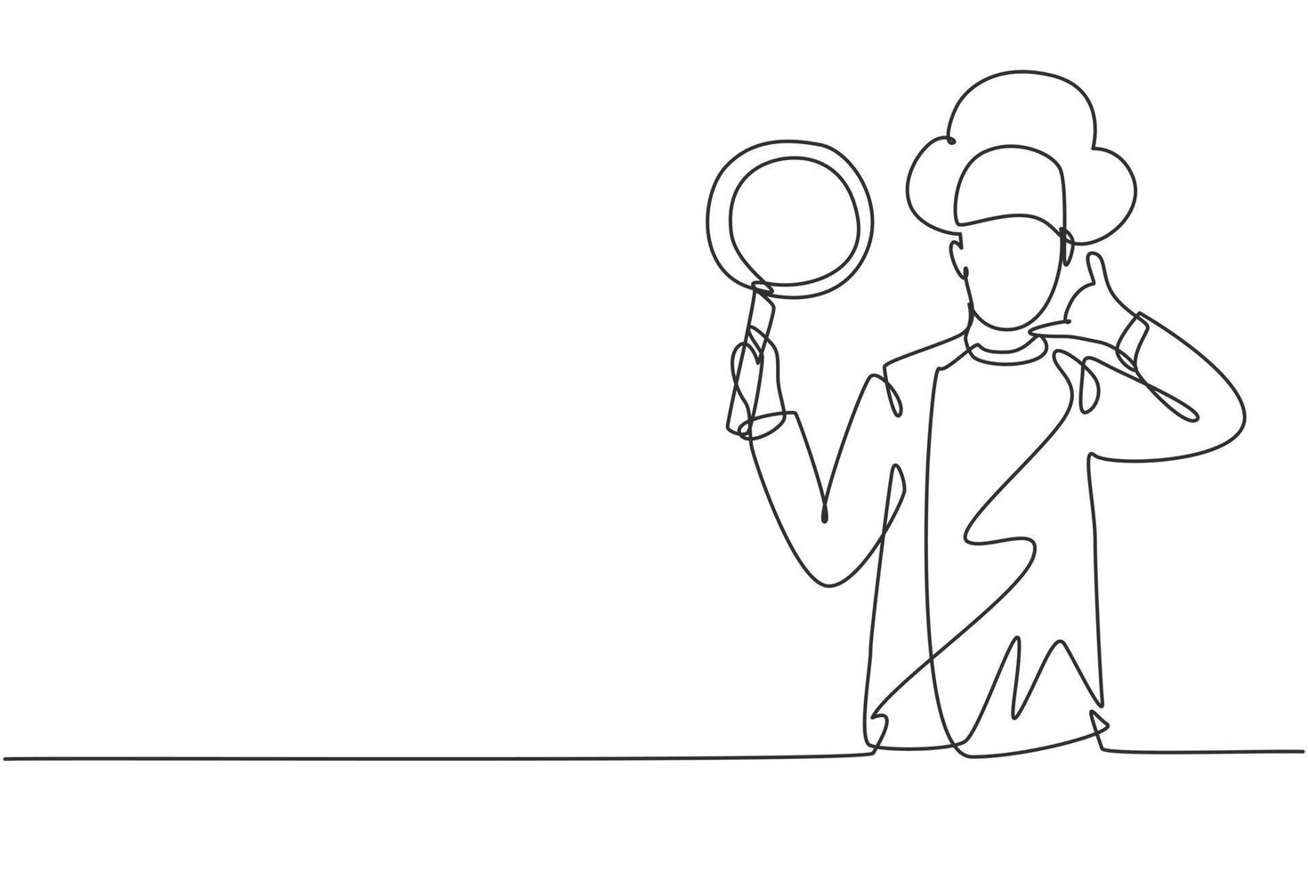 Continuous one line drawing chef with call me gesture, holding pan and wearing cooking uniforms is ready to cook meals for guests at restaurants. Single line draw design vector graphic illustration