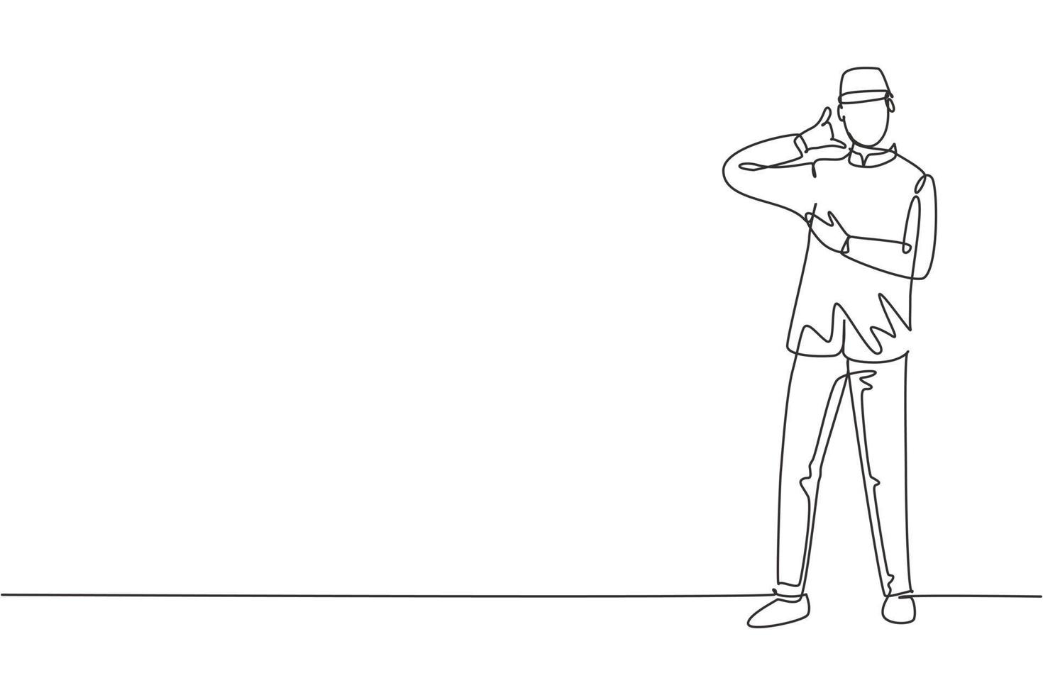 Single one line drawing hotel doorman stood with call me gesture and uniform working with great service and hospitality. Professional person. Continuous line draw design graphic vector illustration