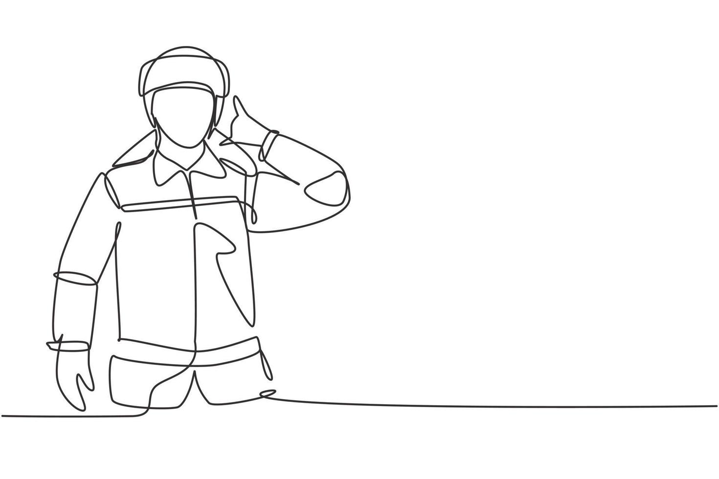 Single one line drawing firefighters with uniform, call me gesture and wearing helmet prepare to put out the fire that burned building. Modern continuous line draw design graphic vector illustration