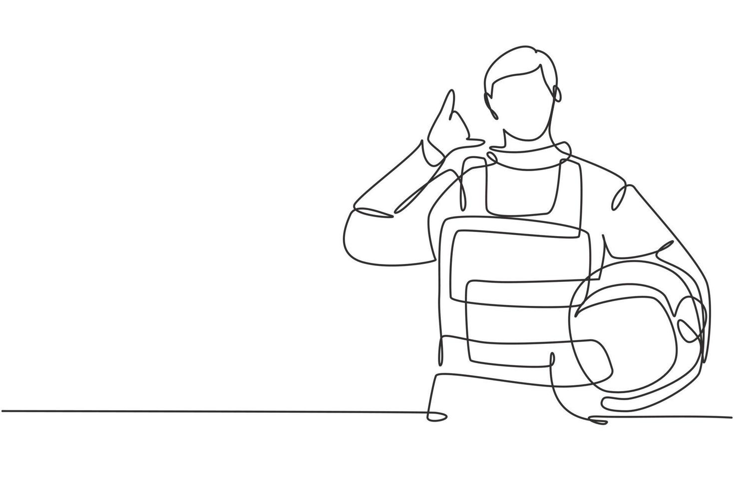 Single continuous line drawing astronaut with call me gesture wearing spacesuits to explore outer space in search mysteries of universe. Great job. One line draw graphic design vector illustration