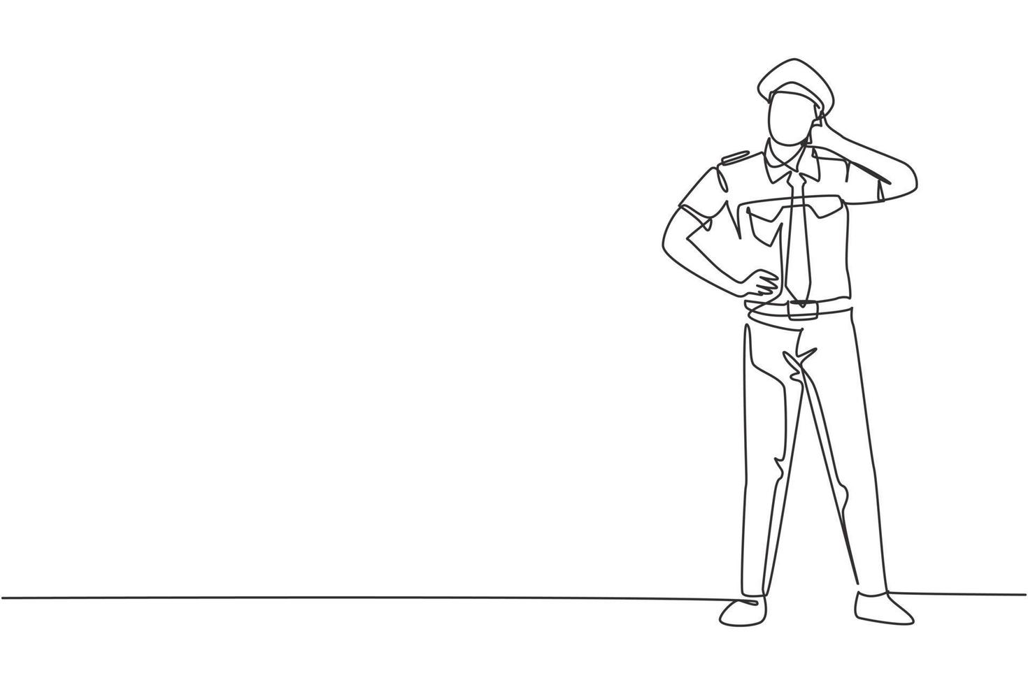 Single continuous line drawing pilot stands with call me gesture and complete uniform serves airplane passengers fly to destination. Professional job. One line draw graphic design vector illustration