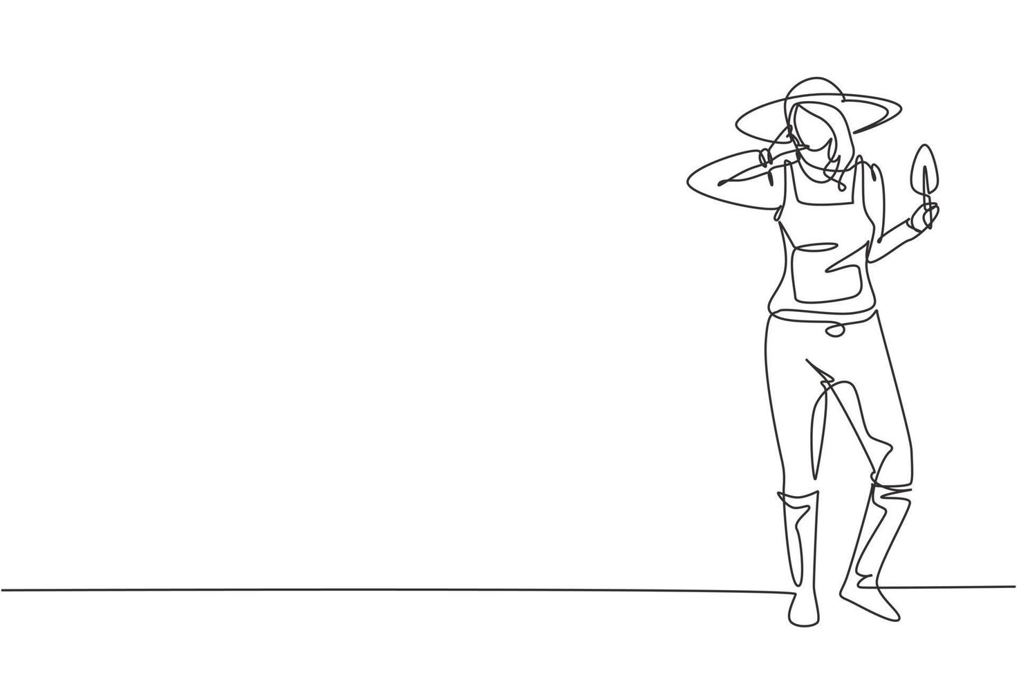 Single continuous line drawing female farmer stood with call me gesture, wearing straw hat and carrying mini shovel to plant crops on farmland. Dynamic one line draw graphic design vector illustration