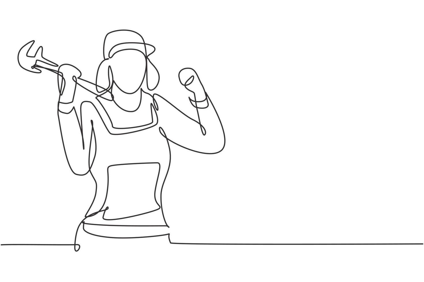 Single continuous line drawing female plumber with celebrate gesture ready to work on repairing leaking drain in sink and house's drains. Success job. One line draw graphic design vector illustration