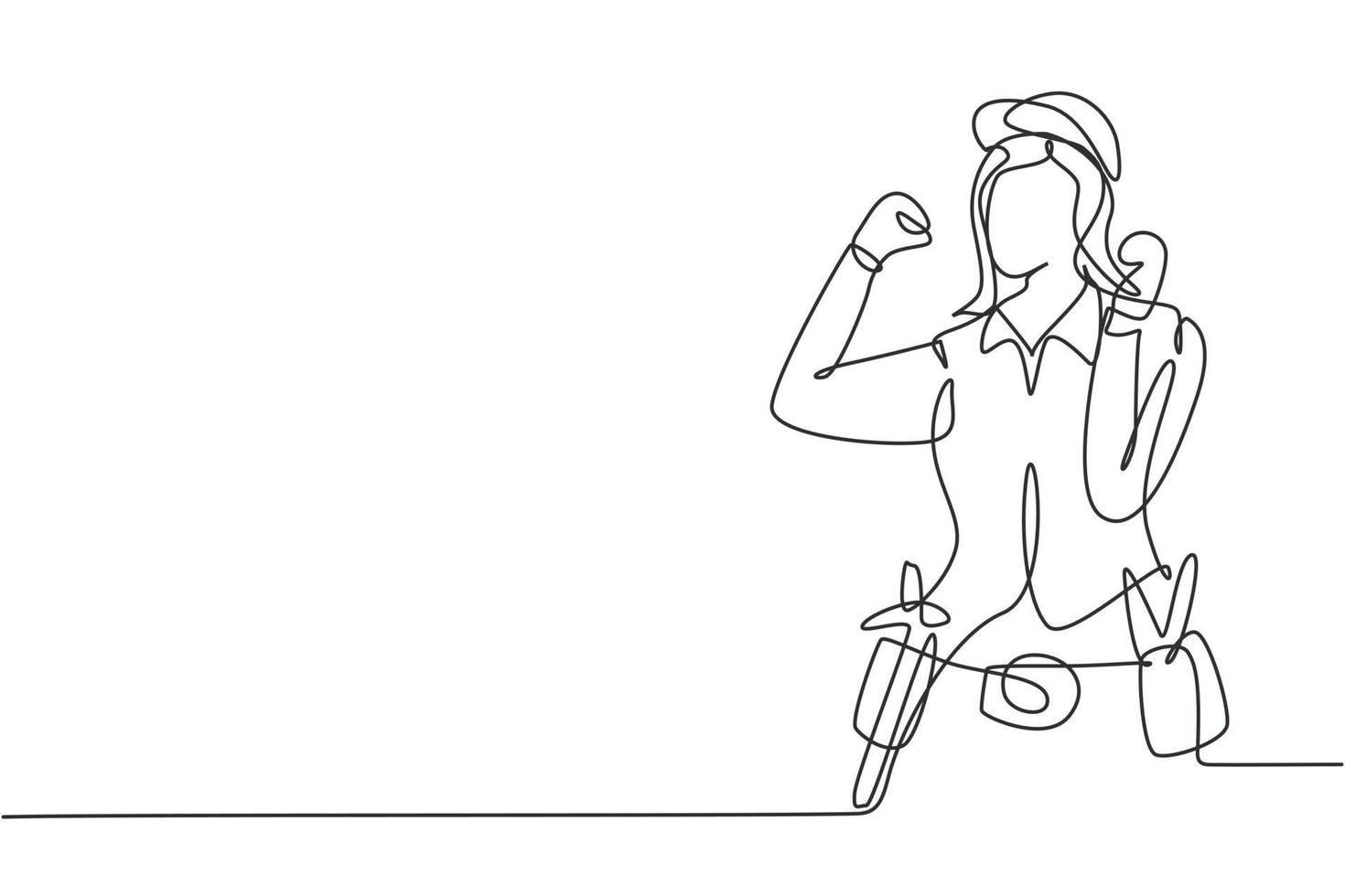 Continuous one line drawing handywoman with celebrate gesture ready to work on repairing damaged part of house. Professional work. Success business. Single line draw design vector graphic illustration