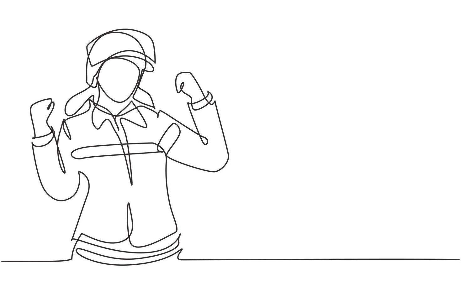 Single one line drawing female firefighter with celebrate gesture, uniform and wearing helmet prepare to put out the fire that burned building. Continuous line draw design graphic vector illustration