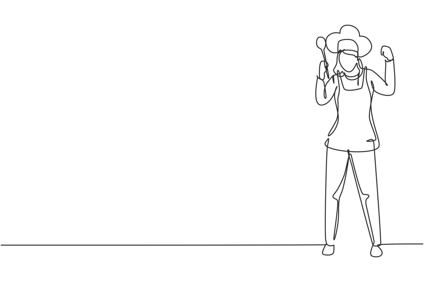 Single one line drawing female chef stands with celebrate gesture, holding spoon and wearing apron prepares ingredients to cook the best dishes. Continuous line draw design graphic vector illustration