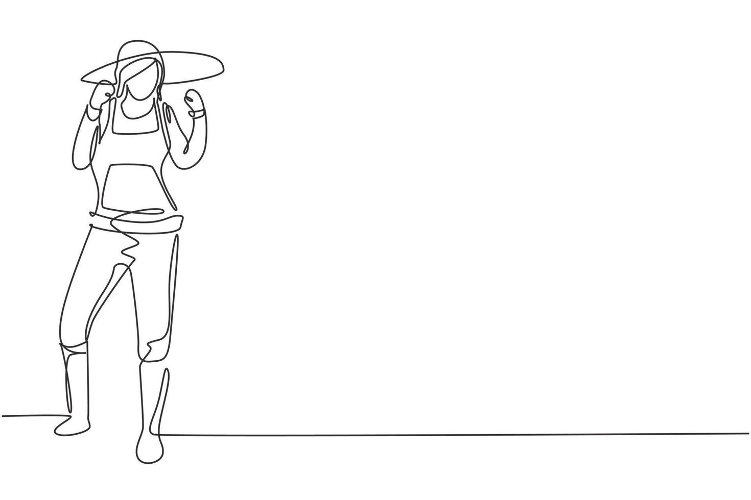 Continuous one line drawing female farmer stood with celebrate gesture, wearing straw hat and farm uniform to plant crops on farmland. Success work. Single line draw design vector graphic illustration