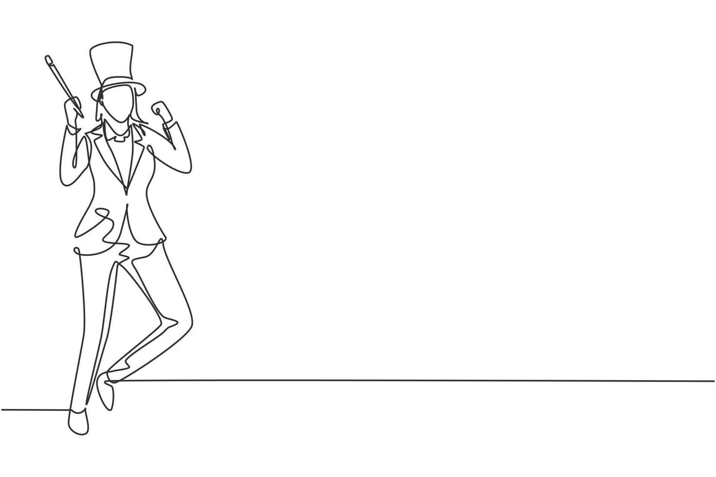 Continuous one line drawing female magician stands with celebrate gesture wearing hat and holding magic wand performing tricks at circus show. Single line draw design vector graphic illustration