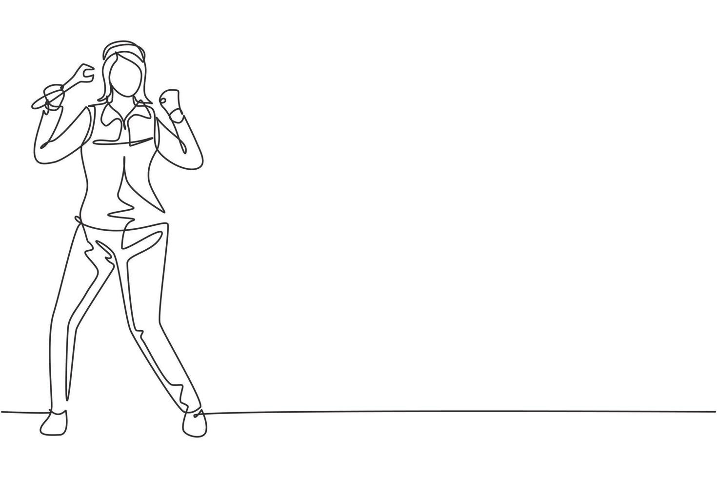 Single one line drawing female mechanic stands up with celebrate gesture and holding wrench to perform maintenance vehicle engine. Success job. Continuous line draw design graphic vector illustration