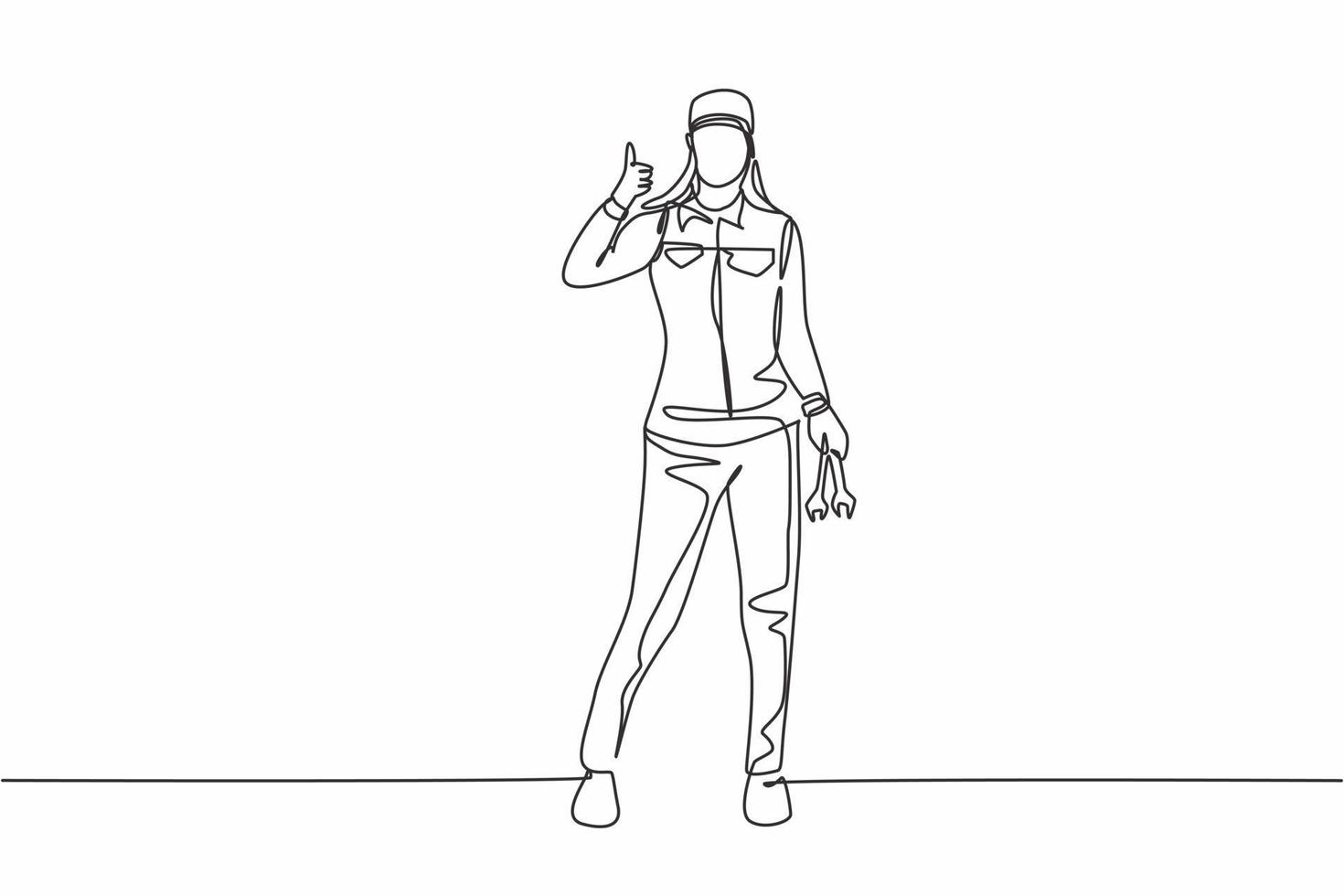 Single continuous line drawing female mechanic stands up with a thumbs-up gesture and holding the wrench to perform maintenance on the vehicle engine. One line draw graphic design vector illustration