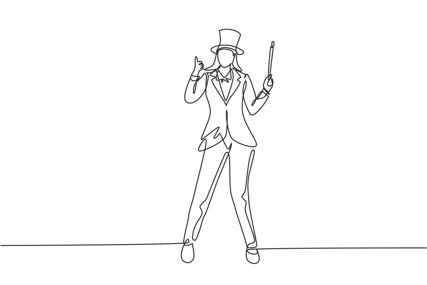 Single continuous line drawing female magician stands with thumbs-up gesture wearing a hat and holding a magic wand performing tricks at a circus show. One line draw graphic design vector illustration