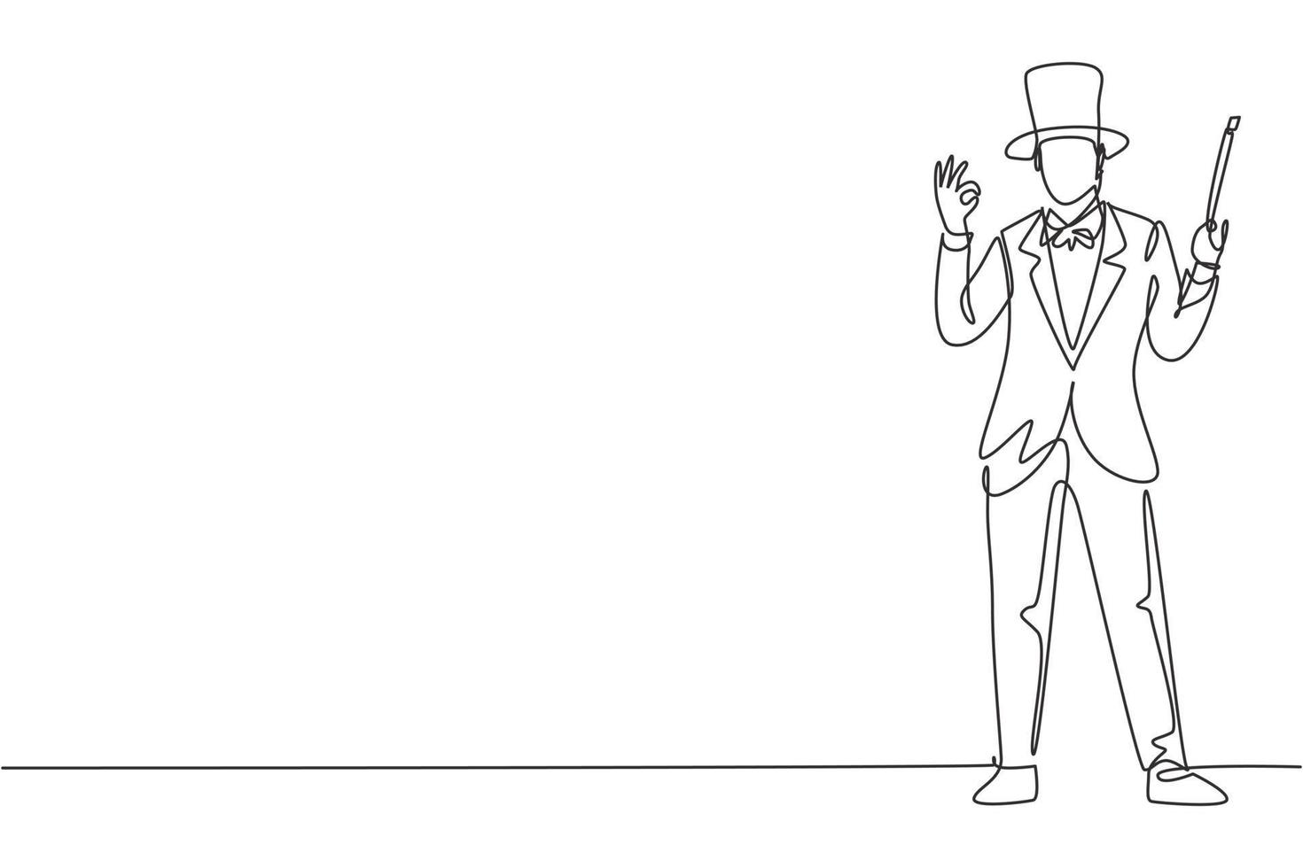 Continuous one line drawing magician stands with gesture okay wearing hat and holding magic wand performing tricks at circus show. Success business. Single line draw design vector graphic illustration