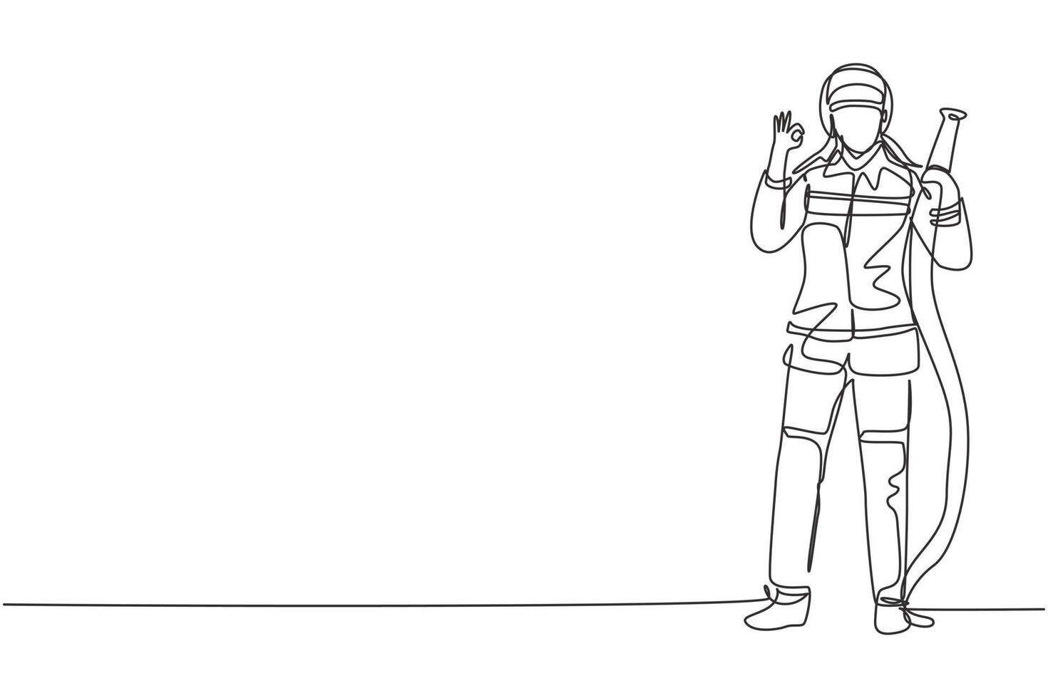 Single one line drawing firefighters stood wearing helmets and uniforms complete with gesture okay work to extinguish fire at building. Modern continuous line draw design graphic vector illustration