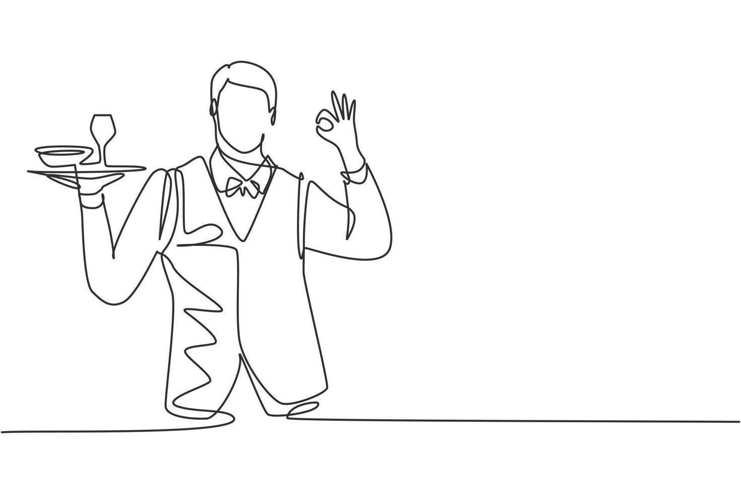 Single one line drawing of waiter with gesture okay and brought a tray of drinking glasses serving visitors at cafeteria. Successful job. Modern continuous line draw design graphic vector illustration