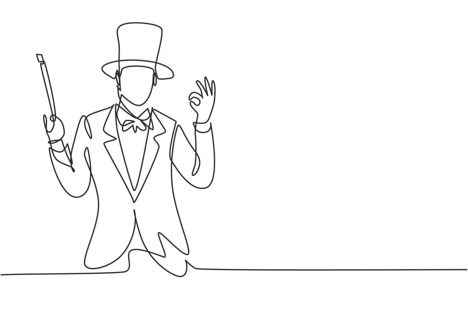 Continuous one line drawing magician with gesture okay wearing hat and