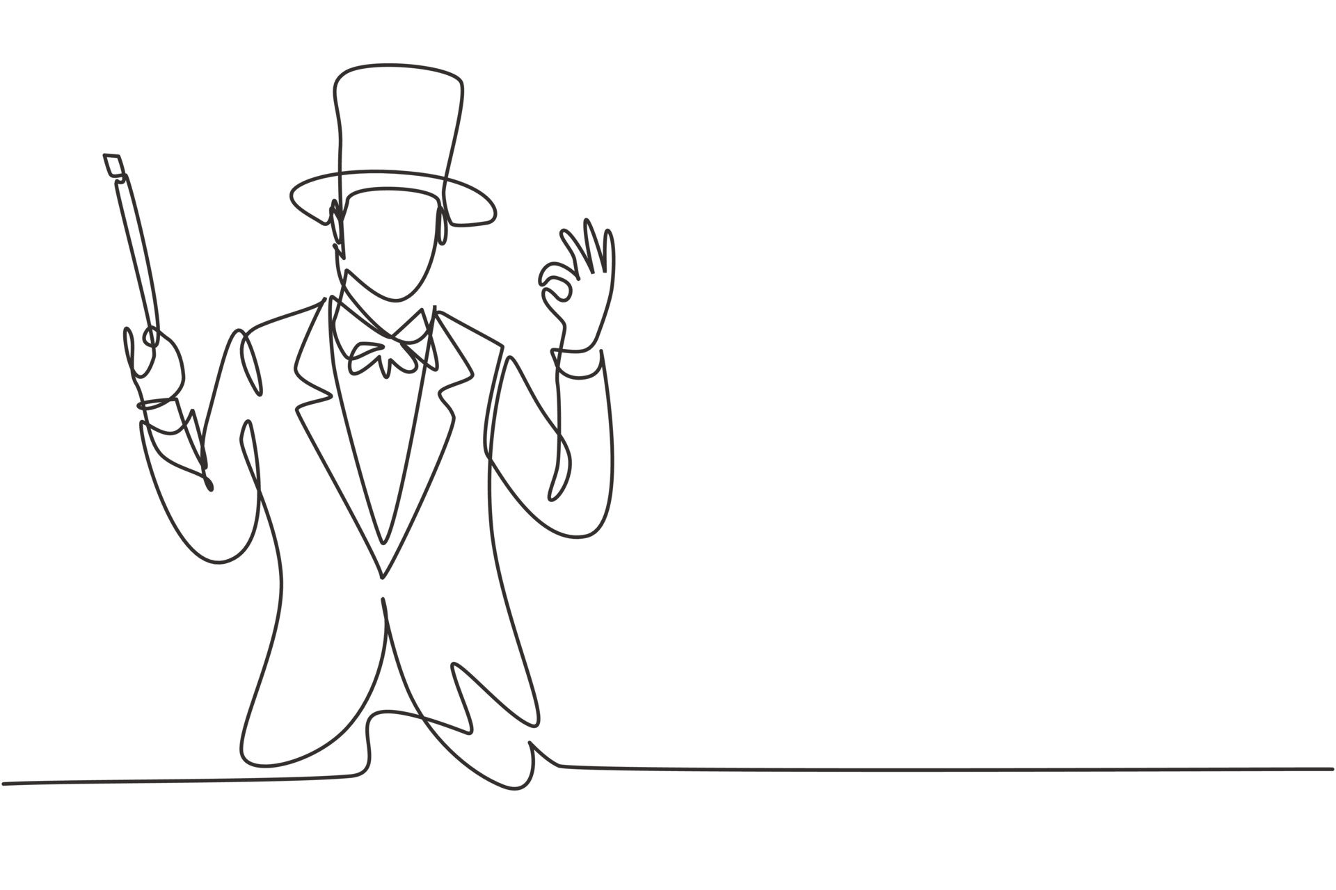 Continuous one line drawing magician with gesture okay wearing hat and