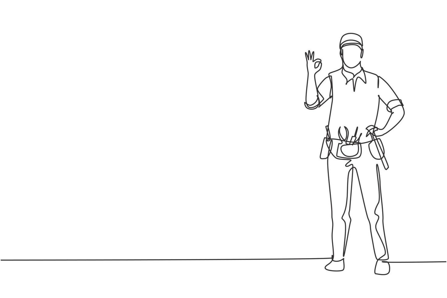 Single continuous line drawing handyman stands with gesture okay and tools such as pliers, screwdriver, hammer that placed on his work shirt. Dynamic one line draw graphic design vector illustration