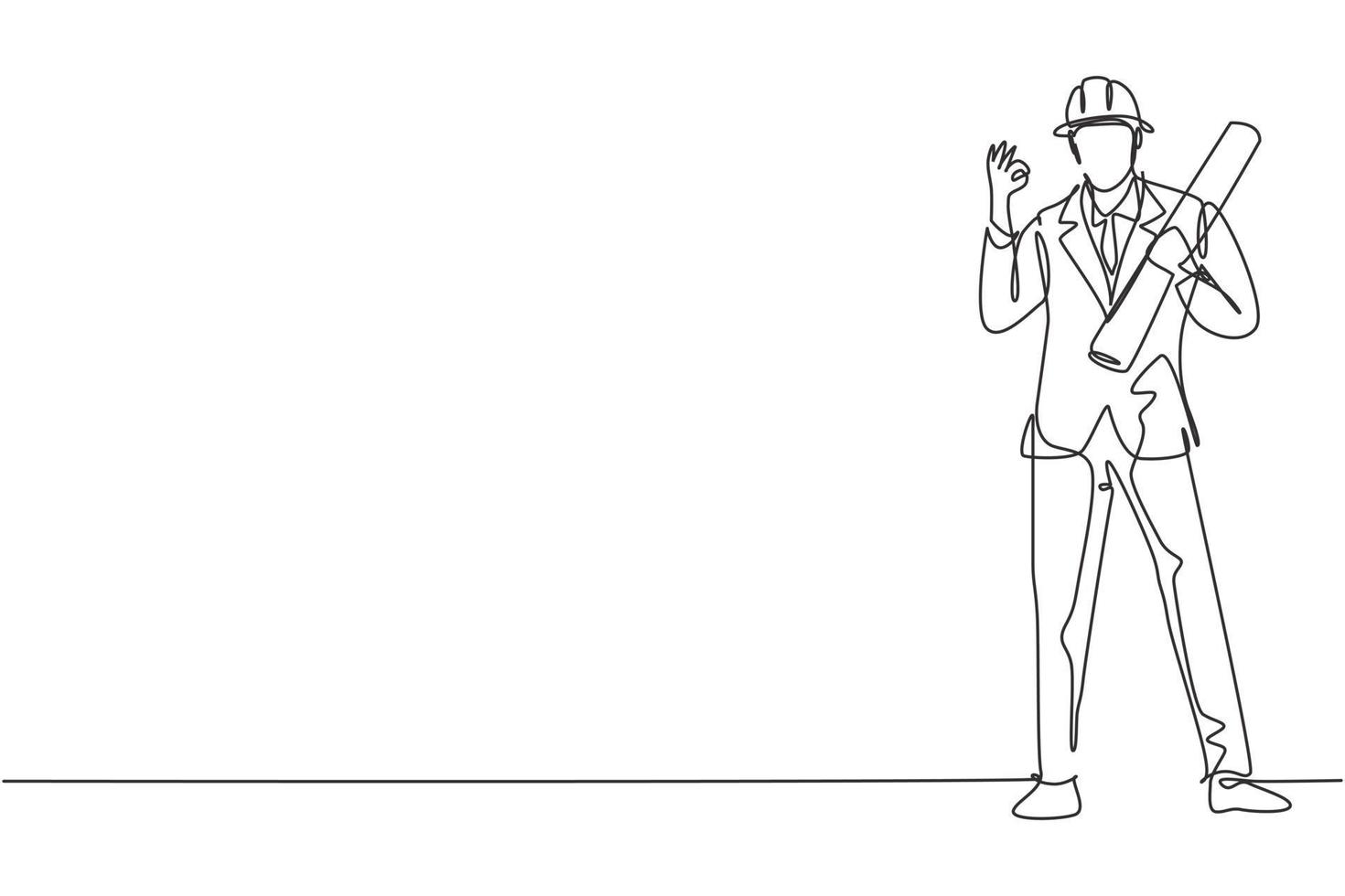 Continuous one line drawing architect stood with gesture okay and wearing helmet carrying blueprint for the building's work plan. Success business. Single line draw design vector graphic illustration