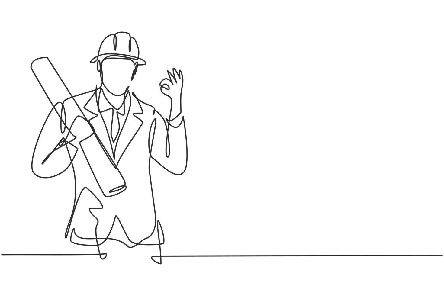 Single continuous line drawing architect with gesture okay and wearing helmet carried building construction drawing paper. Success business. Dynamic one line draw graphic design vector illustration