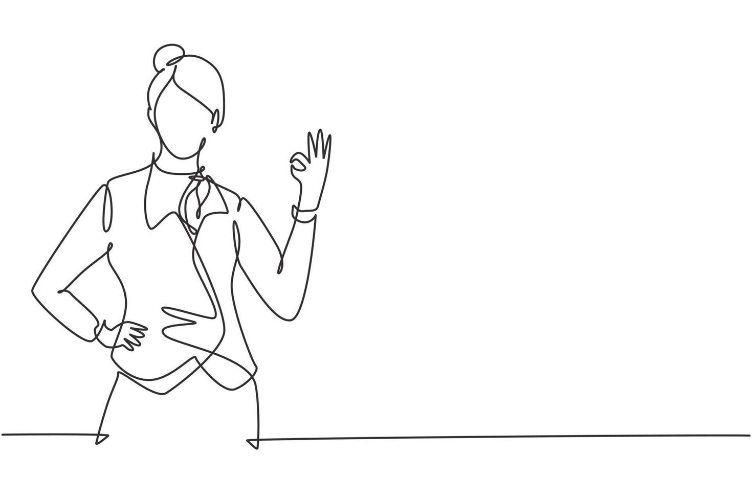 Single one line drawing flight attendant with gesture okay ready to serve airplane passengers in a friendly and warm manner. Professional work. Continuous line draw design graphic vector illustration