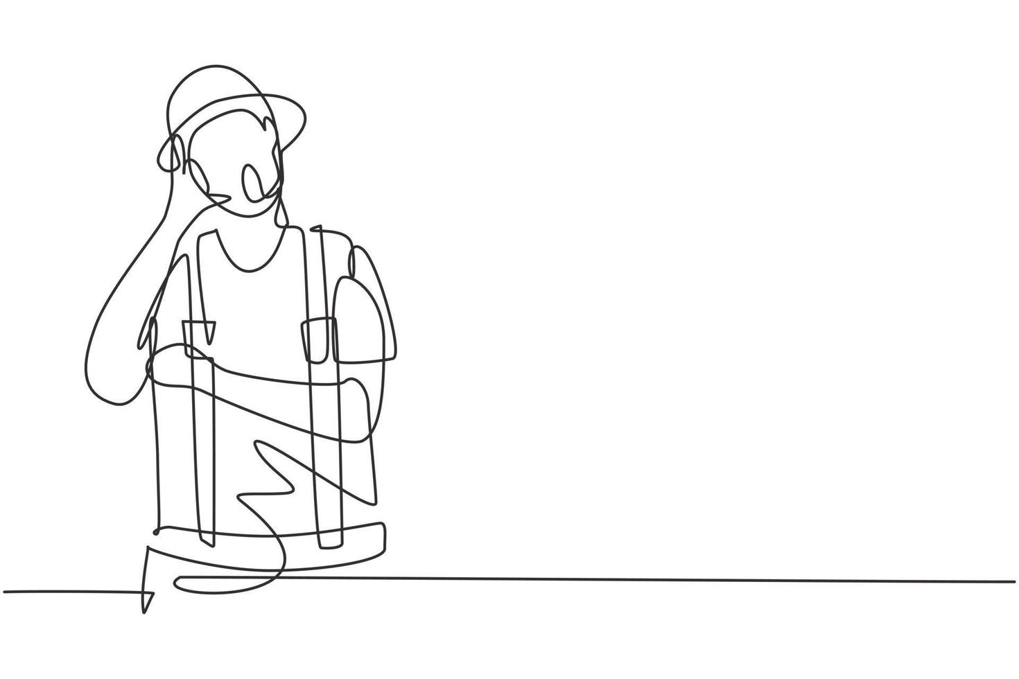 Single one line drawing mime artist with call me gesture and white face make-up puts on a silent motion comedy show at circus arena. Modern continuous line draw design graphic vector illustration