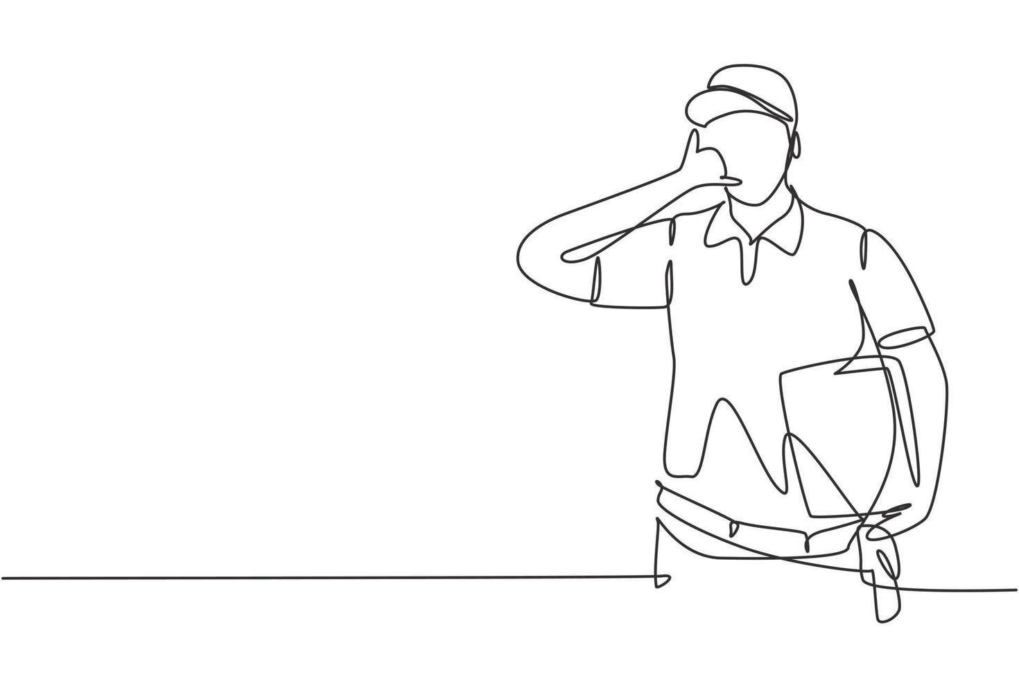 Single continuous line drawing deliveryman with call me gesture, carrying the package box to be delivered to customers with the best service. Dynamic one line draw graphic design vector illustration