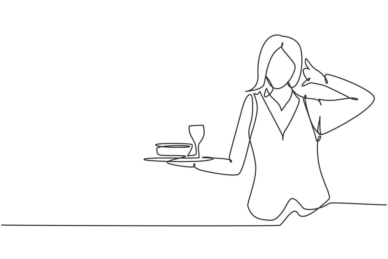 Continuous one line drawing waitress with call me gesture and brought a tray of drinking glasses serving visitors at cafeteria. Professional job. Single line draw design vector graphic illustration