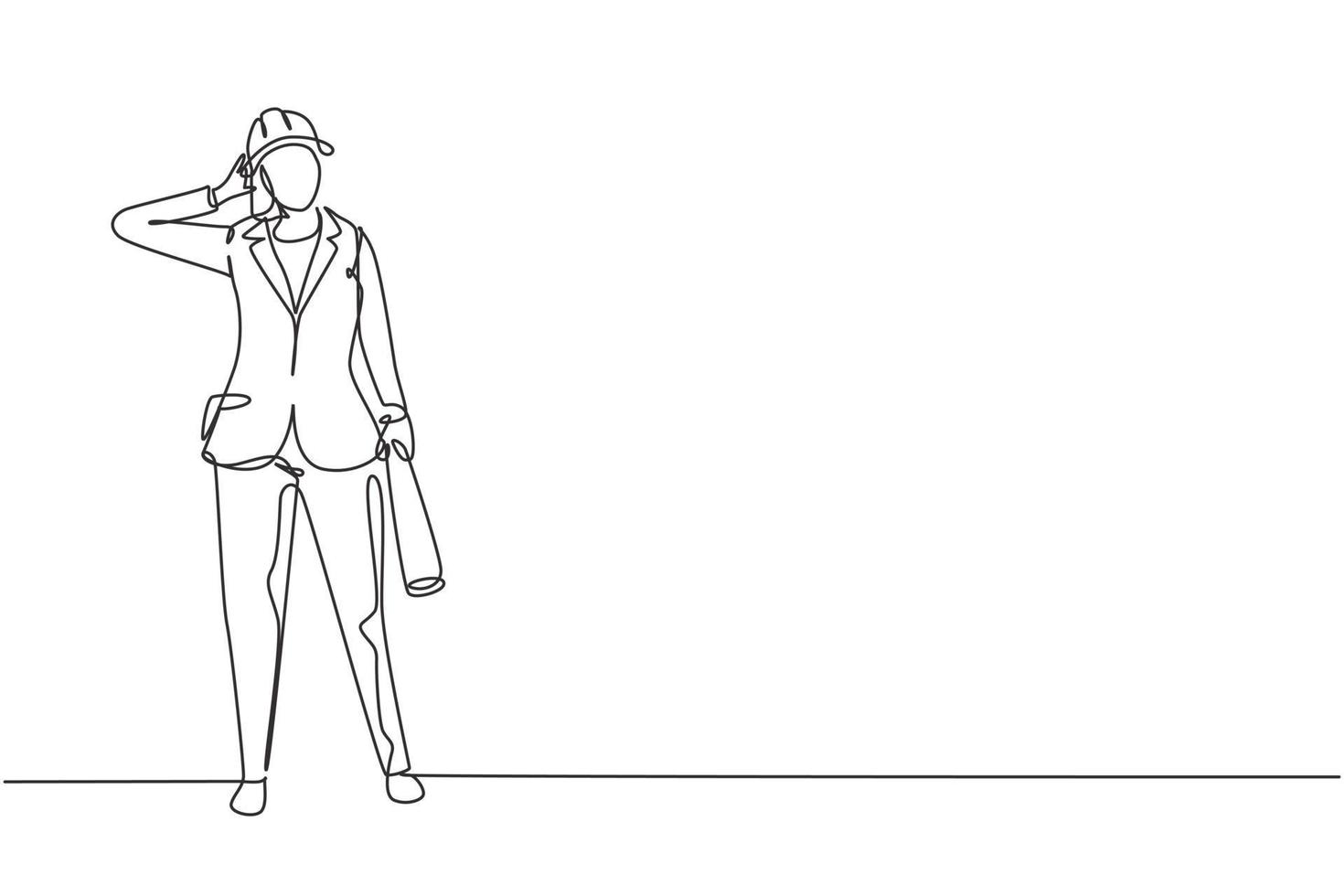 Single continuous line drawing female architect stood with call me gesture and wearing helmet carrying blueprint for the building's work plan. Dynamic one line draw graphic design vector illustration