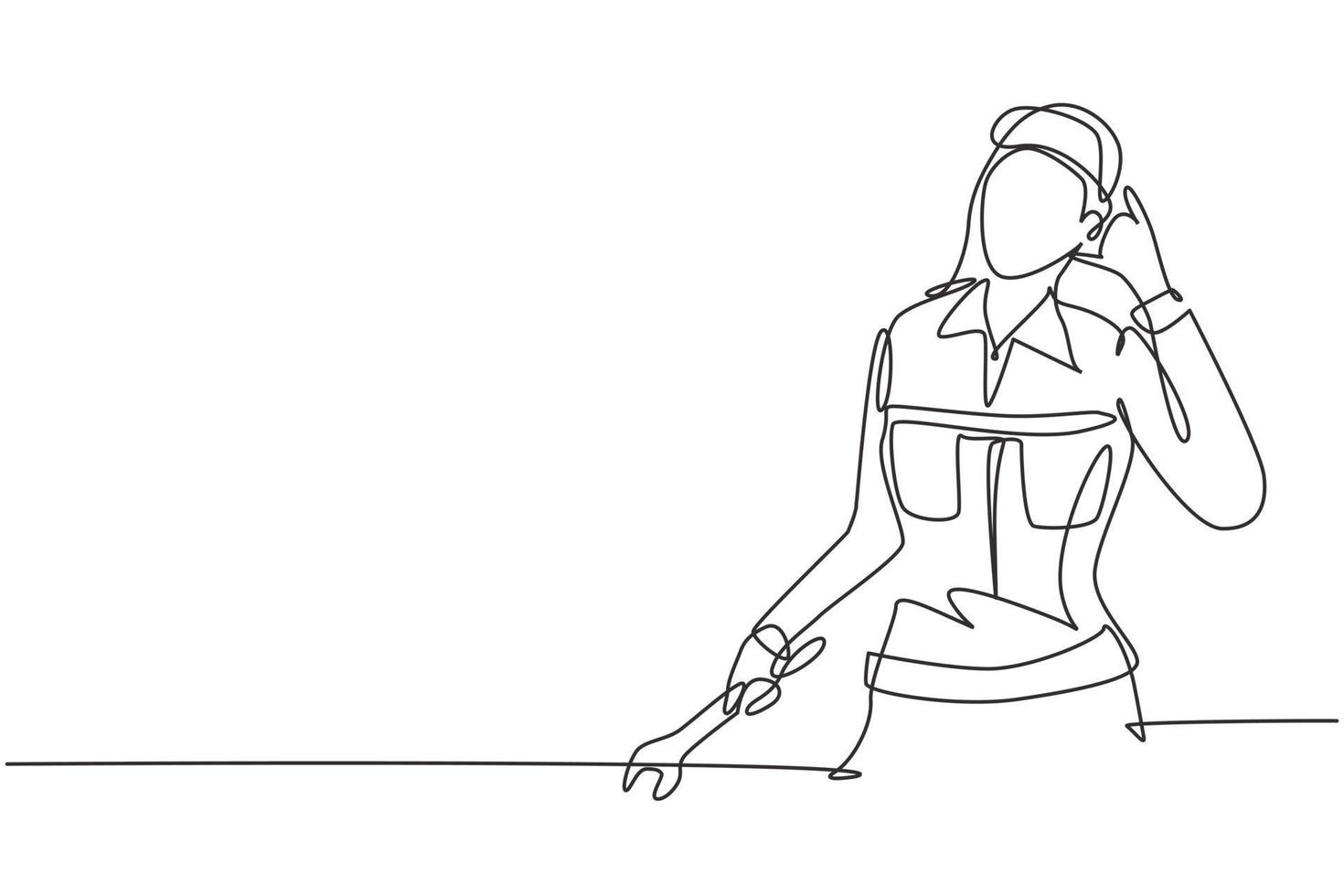 Continuous one line drawing female mechanic with call me gesture and holding wrench works to fix broken car engine in garage. Success business. Single line draw design vector graphic illustration