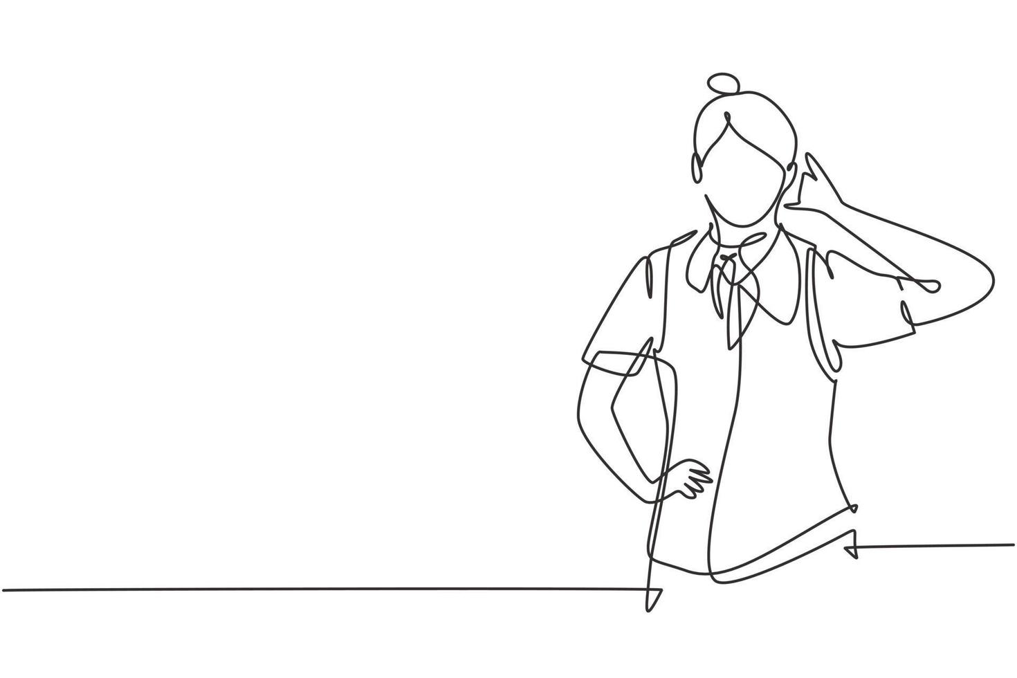 Single one line drawing flight attendant with call me gesture ready to serve airplane passengers in a friendly and warm manner. Success person. Continuous line draw design graphic vector illustration