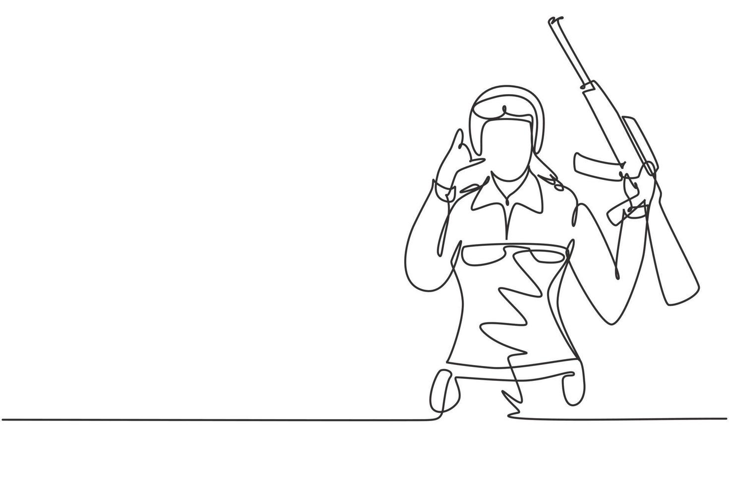 Single continuous line drawing female soldier with call me gesture, weapon and uniform is ready to defend country on battlefield against enemy. Dynamic one line draw graphic design vector illustration