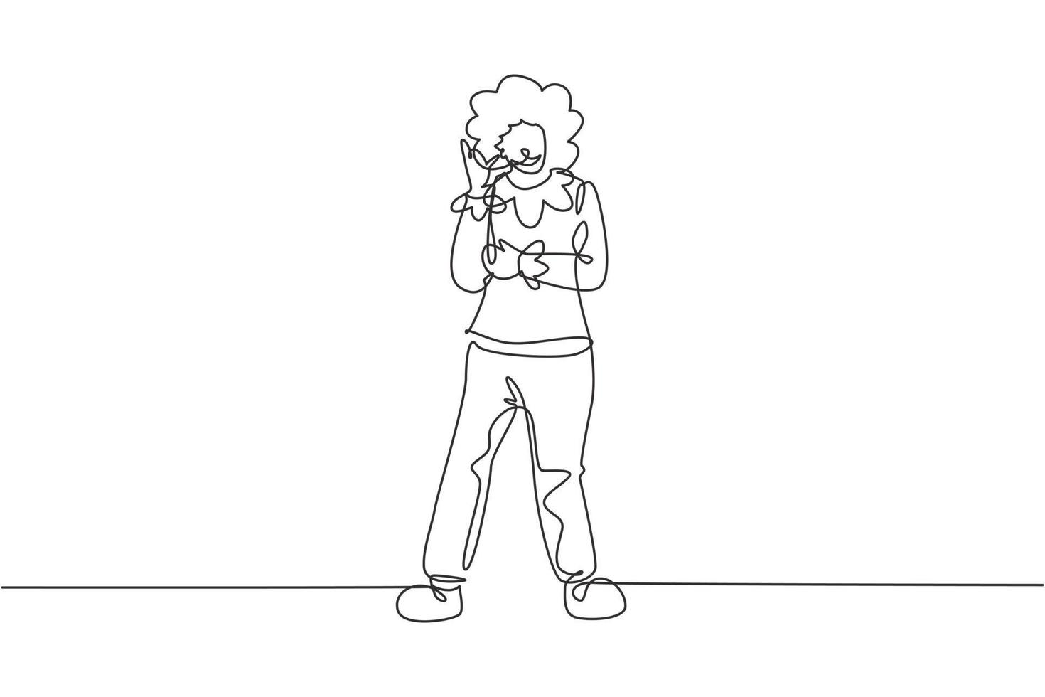 Continuous one line drawing female clown stands with call me gesture wearing wig and clown costume ready to entertain the audience in circus arena. Single line draw design vector graphic illustration