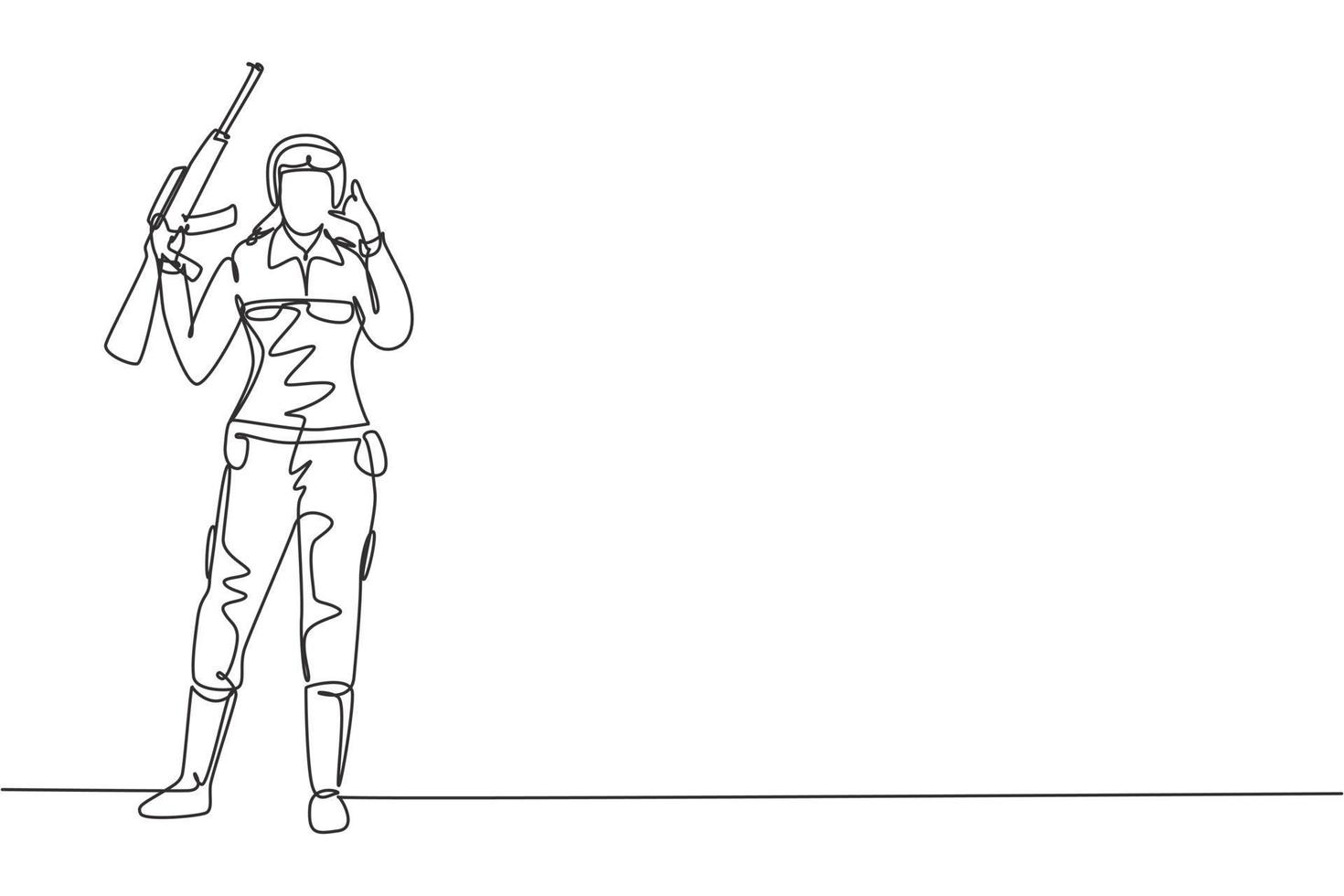 Continuous one line drawing female Soldier stands with weapon, uniform, and call me gesture serving the country with strength of military forces. Single line draw design vector graphic illustration
