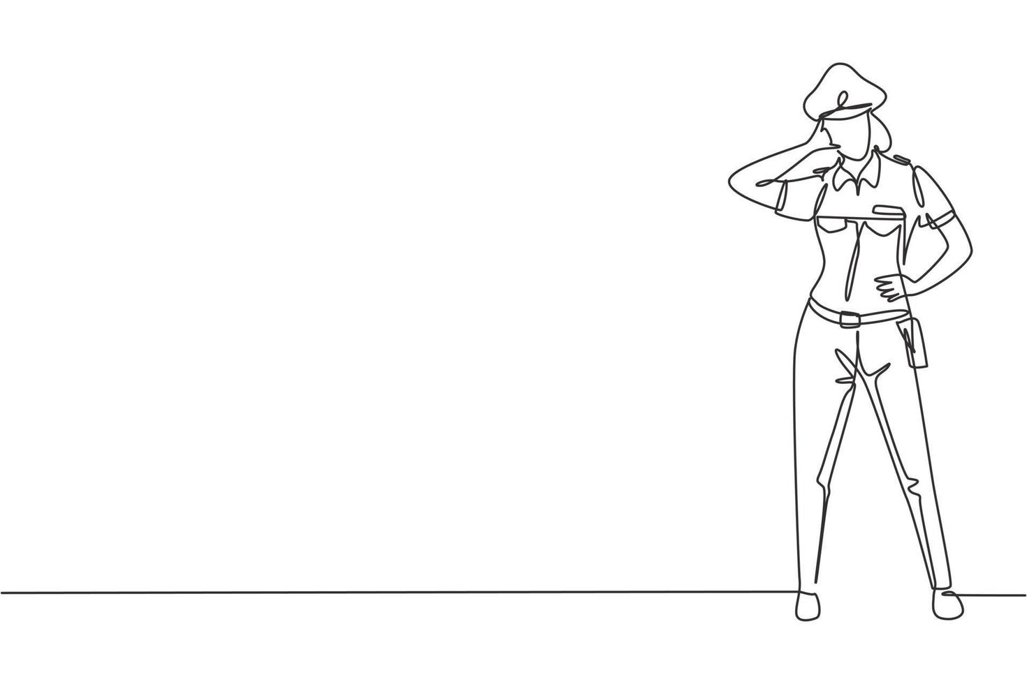 Single one line drawing policewoman standing with call me gesture and full uniform works to control vehicle traffic on highway. Standby patrol. Continuous line draw design graphic vector illustration