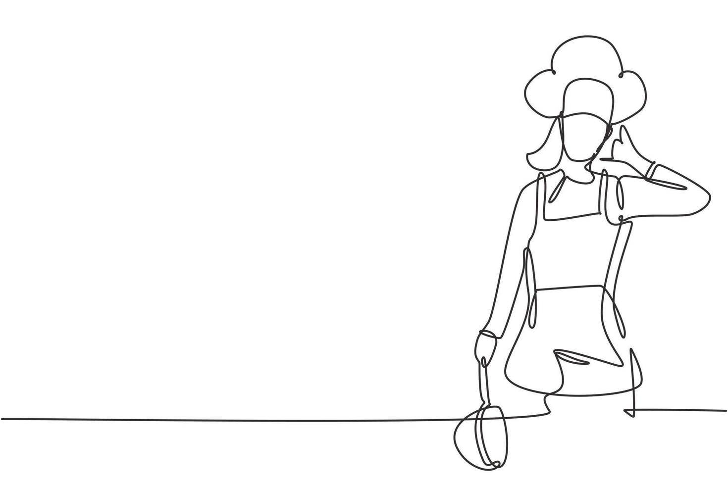 Continuous one line drawing female chef with call me gesture, holding pan and wearing cooking uniforms ready to cook meals for restaurants guests. Single line draw design vector graphic illustration