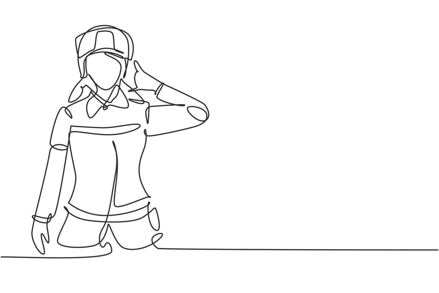 Continuous one line drawing female firefighter with uniform, call me gesture and wearing helmet prepare to put out the fire that burned building. Single line draw design vector graphic illustration