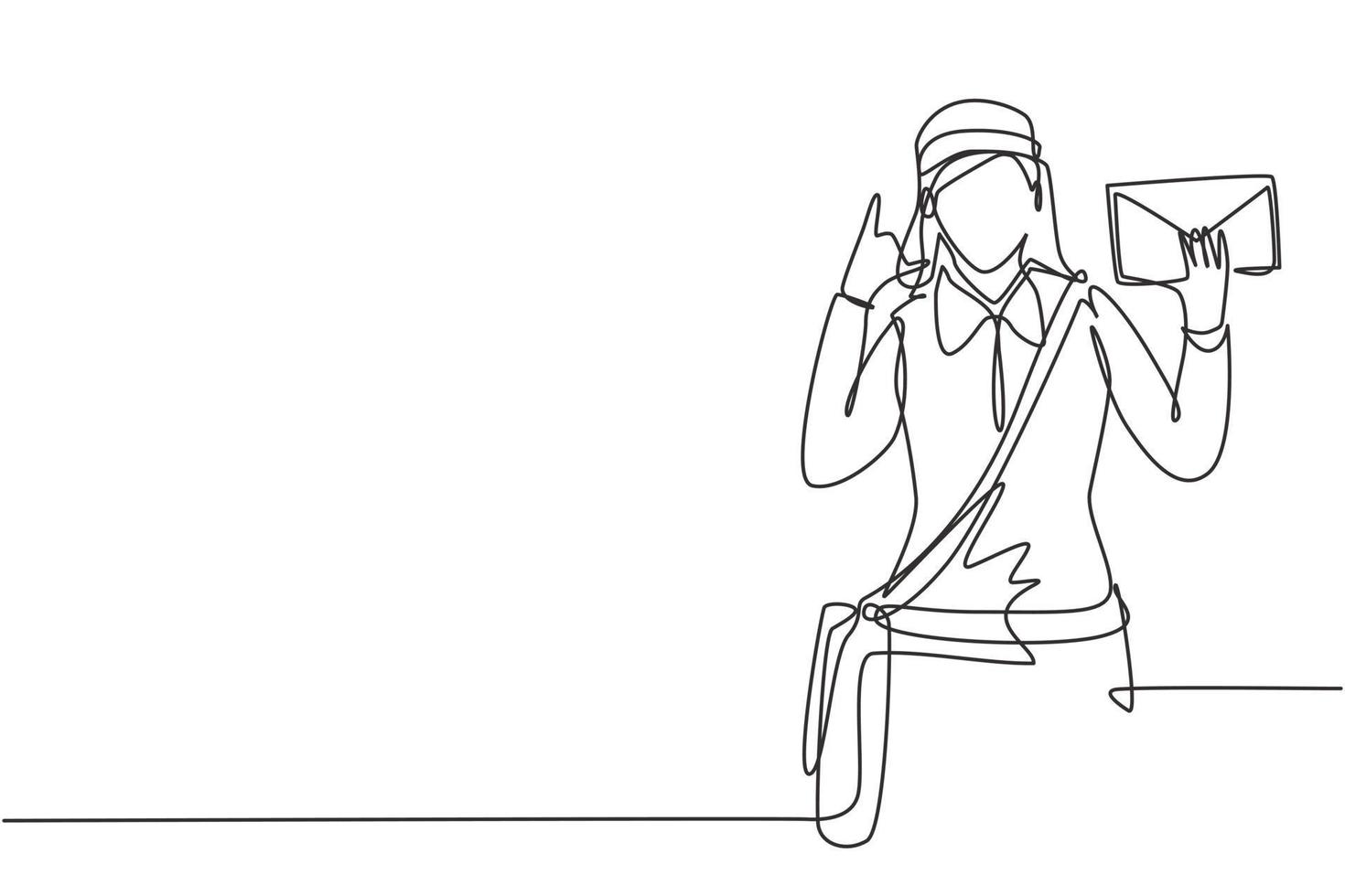 Single continuous line drawing postwoman wearing hat, sling bag, and uniform with call me gesture holds envelope to delivered to home address. Dynamic one line draw graphic design vector illustration