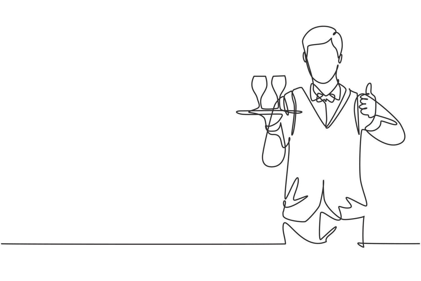 Single continuous line drawing waiter with a gesture raised his thumb and brought a tray of drinking glasses serving visitors at the cafeteria. Dynamic one line draw graphic design vector illustration
