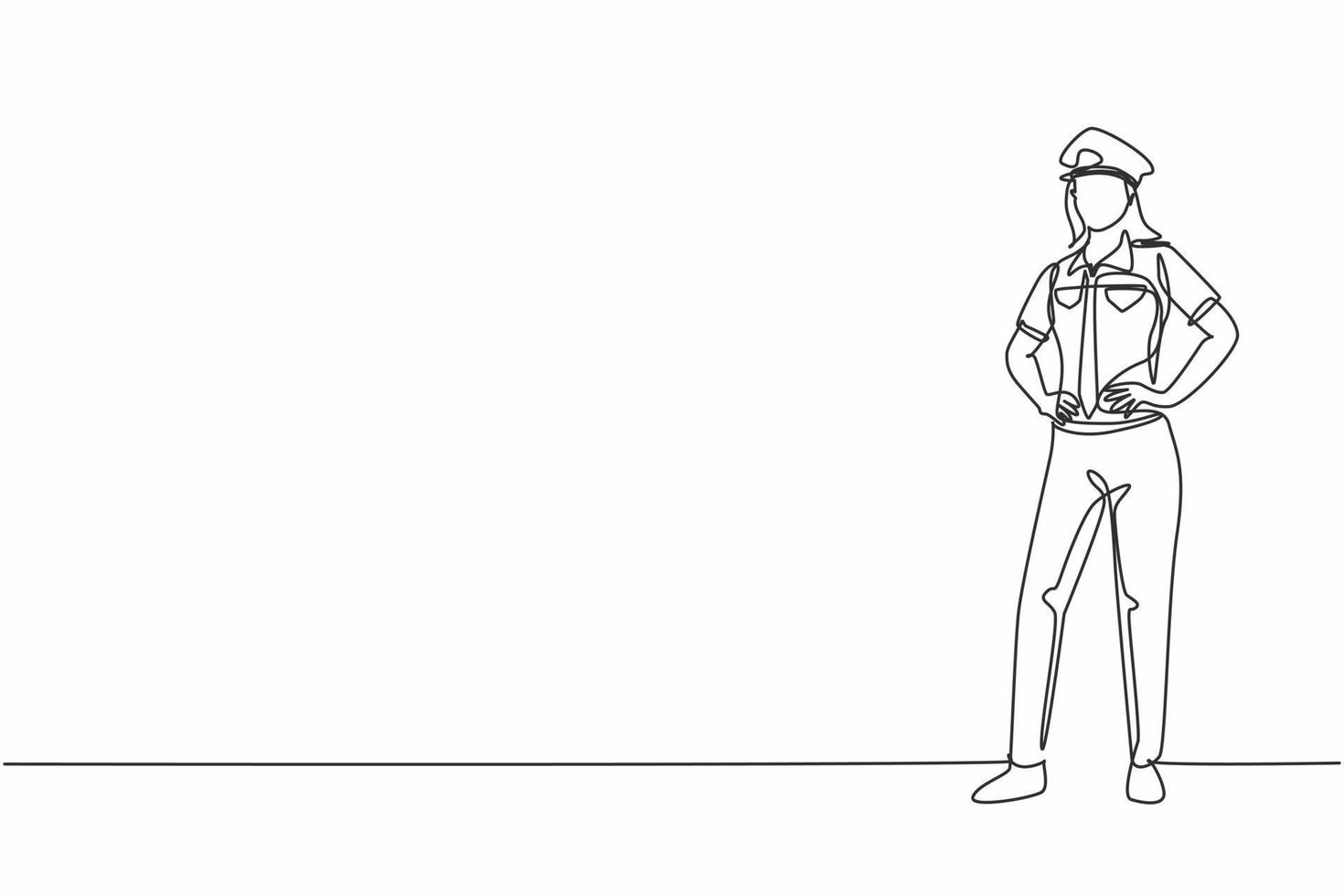 Continuous one line drawing of young beautiful female police on uniform standing with hands on hip. Professional job profession minimalist concept. Single line draw design vector graphic illustration