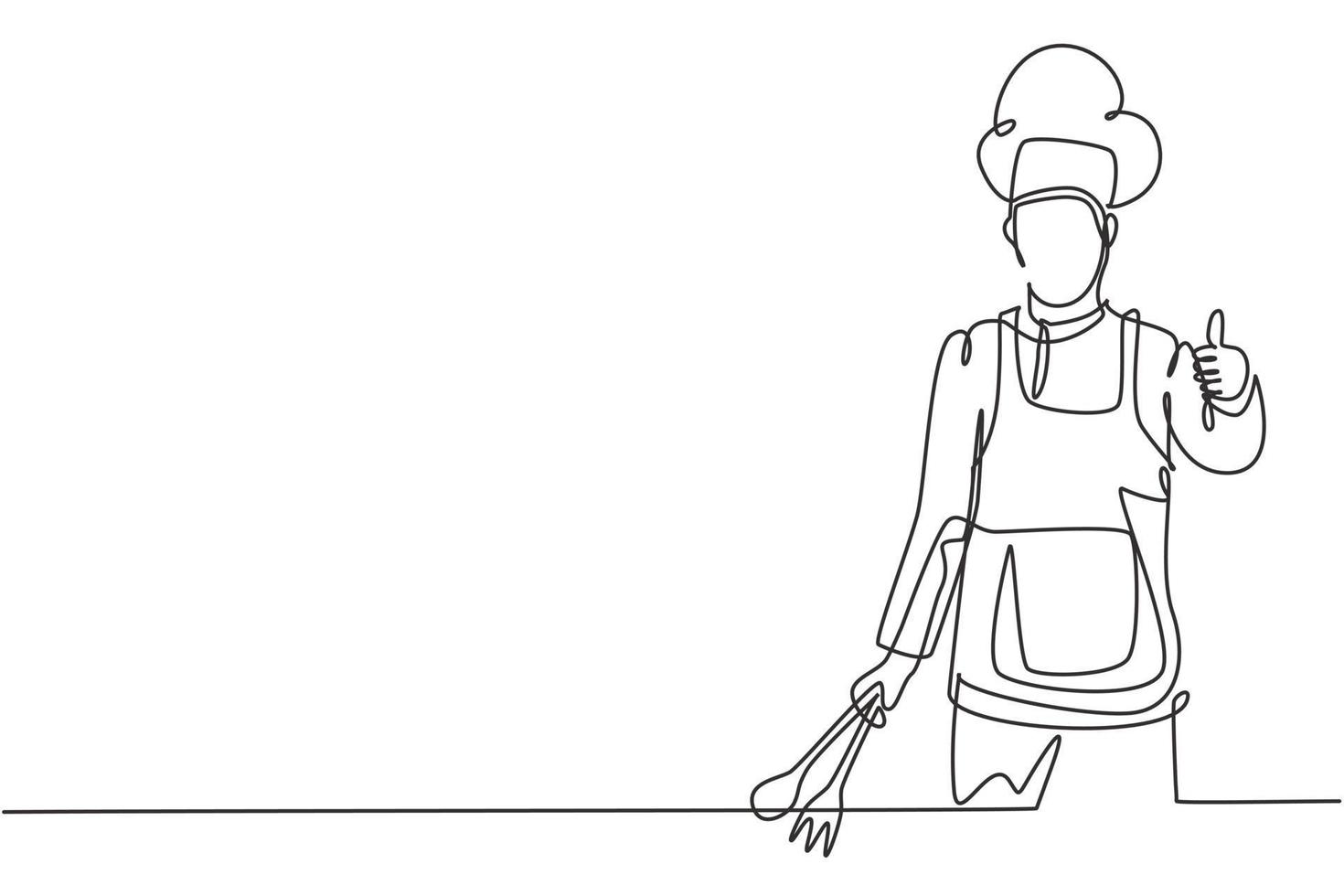 Un solo dibujo de una línea del chef con gestos de pulgar hacia arriba y uniformes está listo para cocinar comidas para los huéspedes en restaurantes famosos. Ilustración de vector gráfico de diseño de dibujo de línea continua moderna.